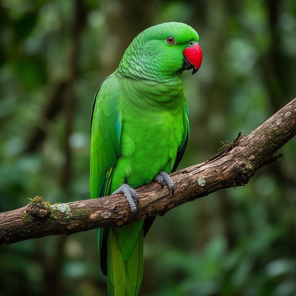 Echo parakeet perched on a branch, full body visible