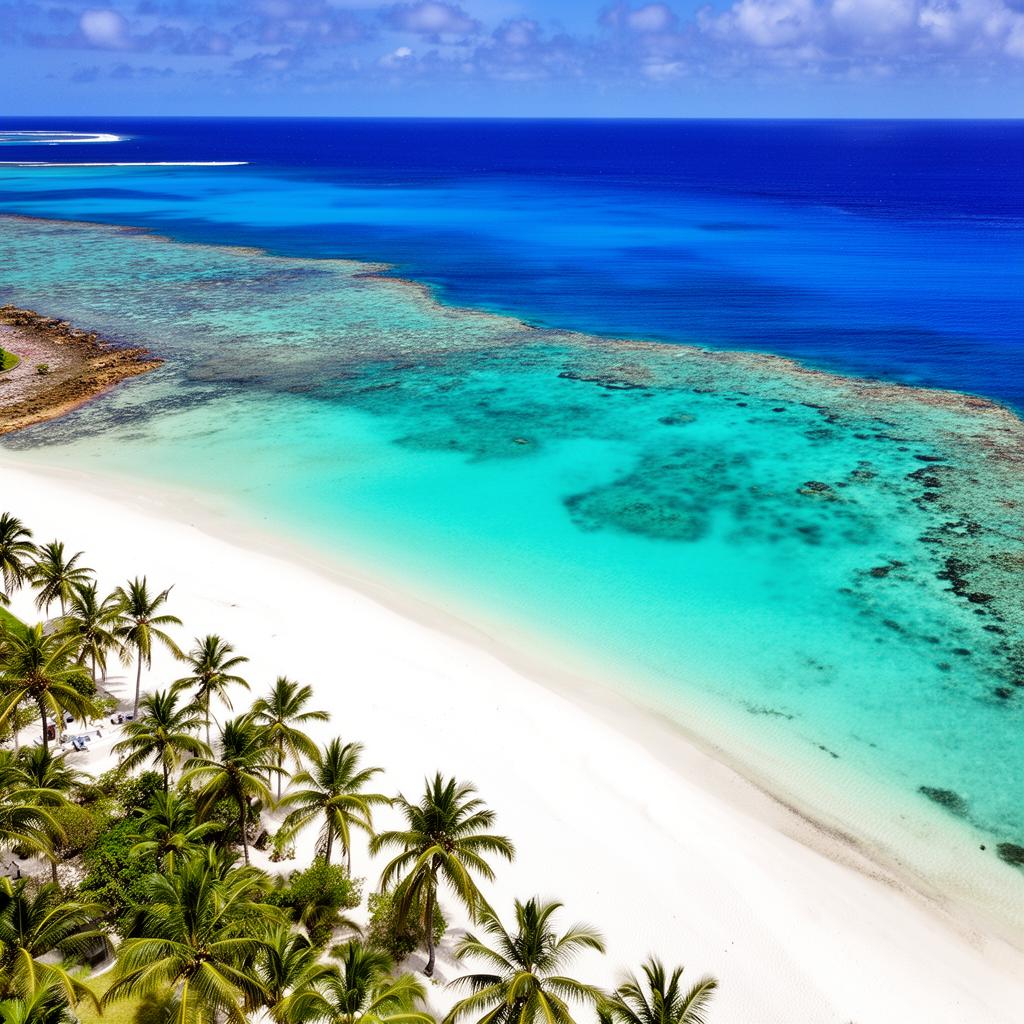 White coral-sand beach and turquoise lagoon in Mauritius
